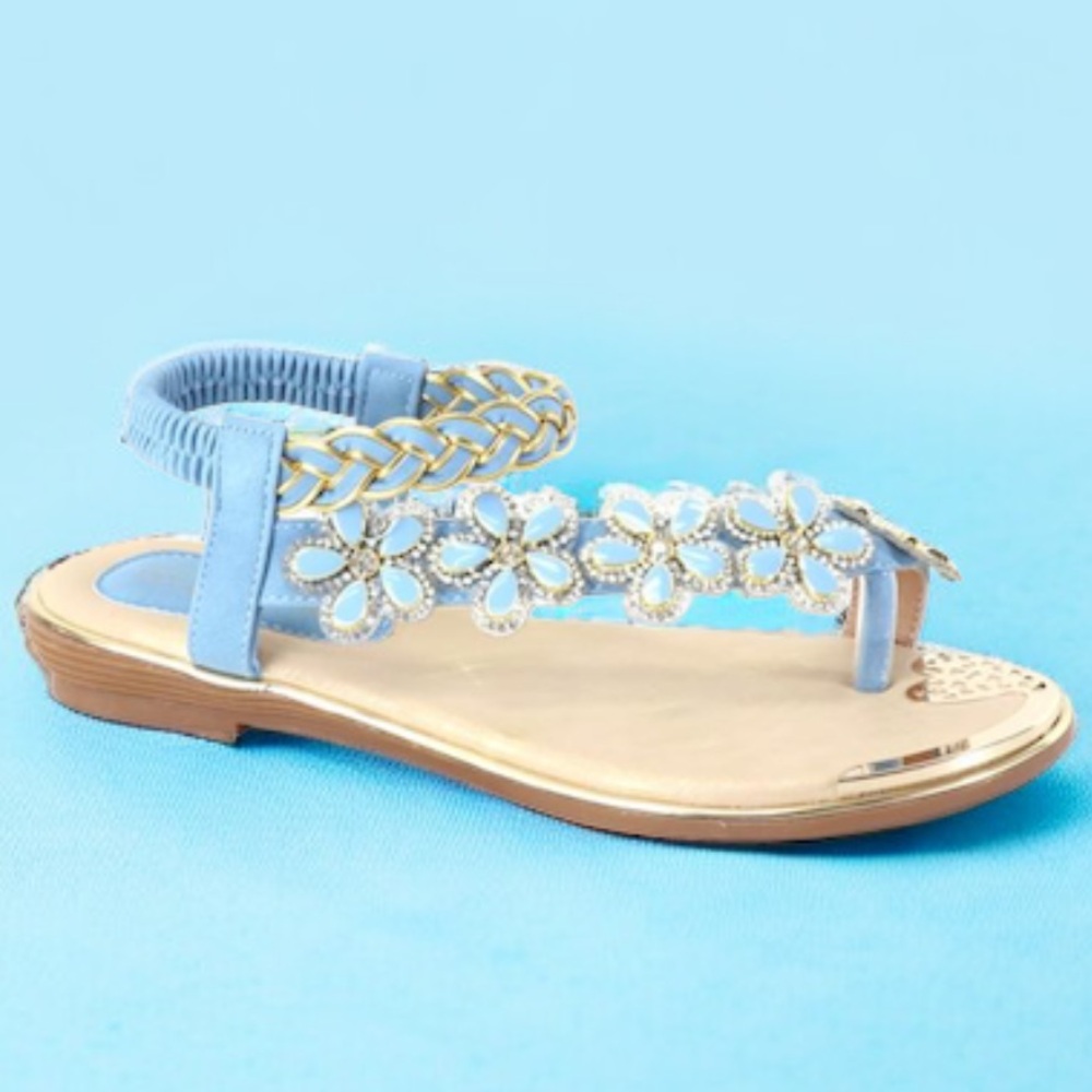 New Color! Italina Blue Floral Rhinestone Embellished Toe Ring Sandal - Picture 3 of 12